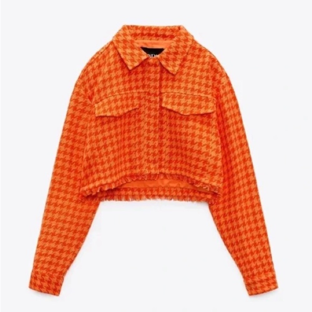 Zara Women's Vibrant Orange Houndstooth Blazer 🍊